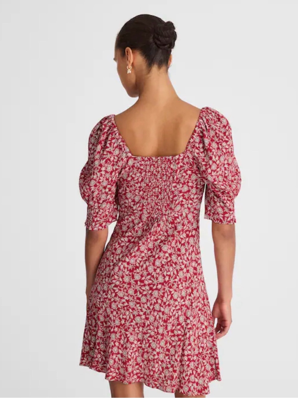 Red Floral Puff-Sleeve Square-Neck Dress